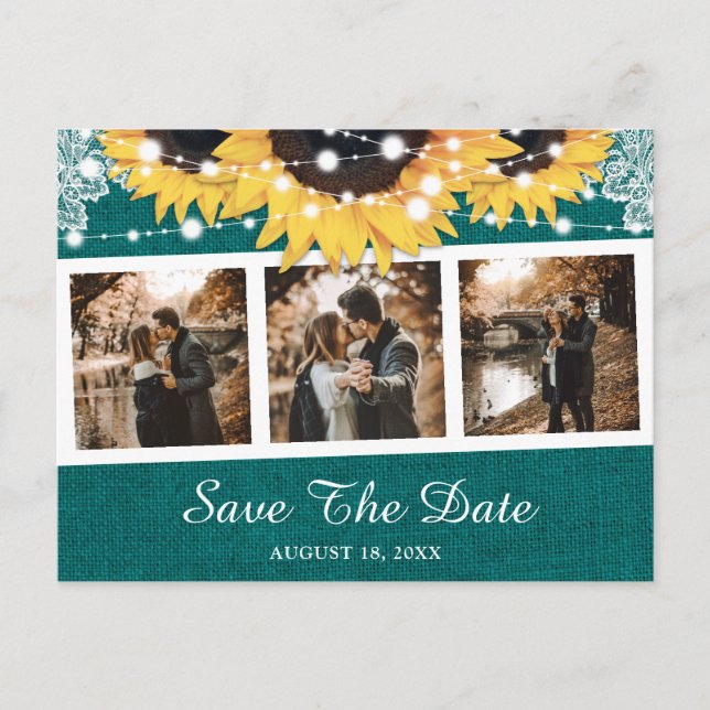 Postal De Anuncios Fotos de Boda con Girasoles Teal Guardar Fecha (Anverso)