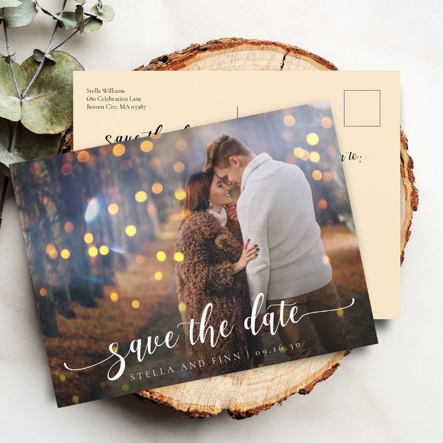 Postal De Anuncios Fotos de boda de caligrafía moderna para guardar l (Modern Calligraphy Wedding Save The Date Photo Announcement Postcard)