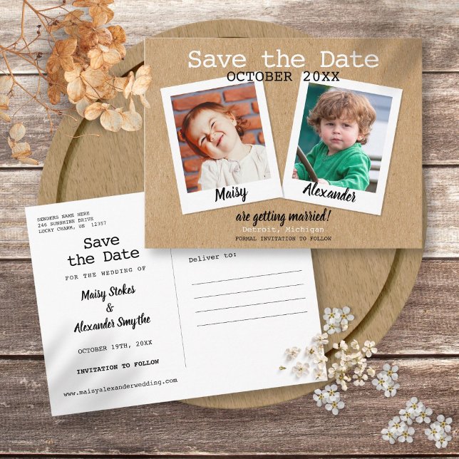 Postal De Anuncios Fotos rusticas de la infancia salvan la fecha (Rustic Childhood Photos Save the Date Announcement Postcard)