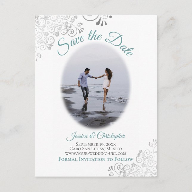 Postal De Anuncios Fracasos plateados con foto boda Verde azulada Sal (Anverso)