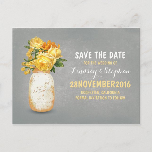 Postal De Anuncios Frasco de albañil pintado y flores amarillas salva (Anverso)