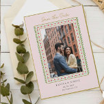 Postal De Anuncios Frontera de flores étnicas Foto rosa Salven el día<br><div class="desc">Elegante marco floral de color de agua de color étnico pintado a mano en una boda de fondo rosa pálido Guardar la postal de la invitación de la fecha con foto de parejas.</div>