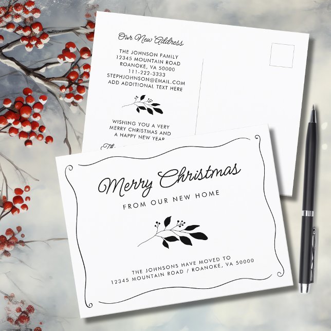 Postal De Anuncios Frontera Ondulada Simple y Elegante con Movimiento (Simple Elegant Wavy Border Christmas Botanical Holiday Moving Announcement Postcard)
