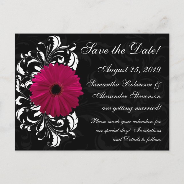 Postal De Anuncios Fuchsia Scroll Gerbera Daisy Black Save the Date (Anverso)
