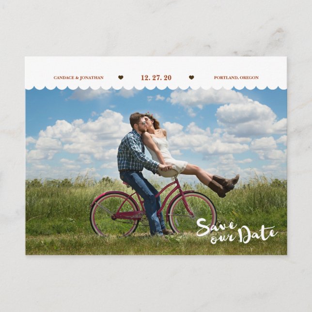 Postal De Anuncios Fun Polka Dots Brush Script Photo Save the Date (Anverso)