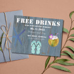 Postal De Anuncios Funny Free Drinks Beach Wedding Save the Dates<br><div class="desc">Cute save the dates for a beach wedding in a funny "Free drinks (and we're getting married" design. Features a rustic wood background with watercolor starfish,  flip flops and a coconut cocktail.</div>