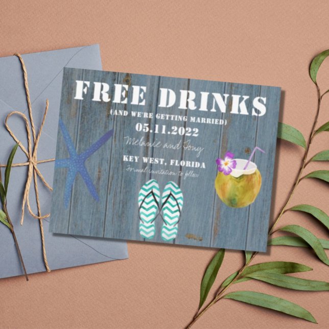 Postal De Anuncios Funny Free Drinks Beach Wedding Save the Dates (Subido por el creador)