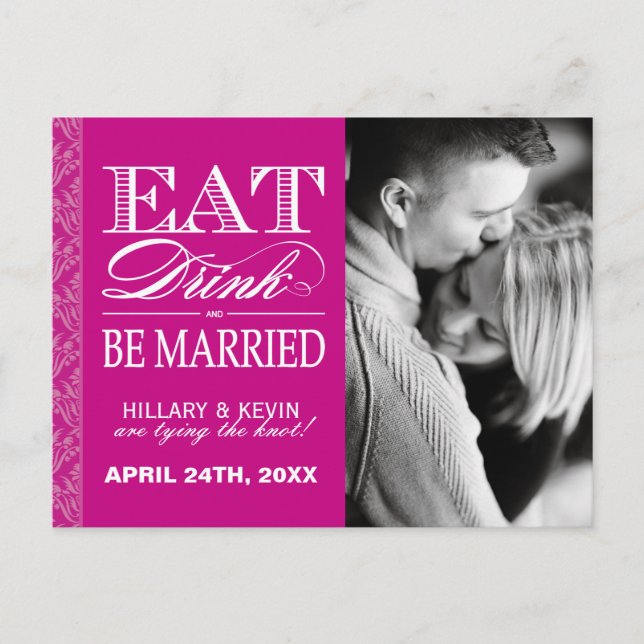 Postal De Anuncios Fuschia Damask moderno salva la fecha (Anverso)