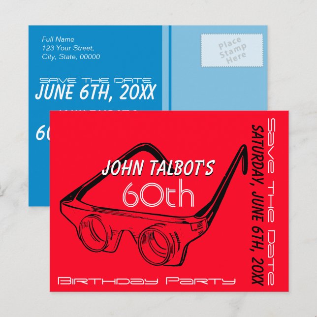 Postal De Anuncios Gafas 3D Cumpleaños 60 Guardar la Fecha (Anverso / Reverso)