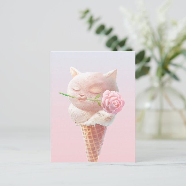 Postal De Anuncios Gatito de Helado – Rosado y Soñador (Anverso de pie)