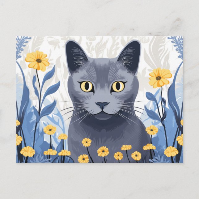 Postal De Anuncios Gato Azul Ruso Flores Amarillas (Anverso)