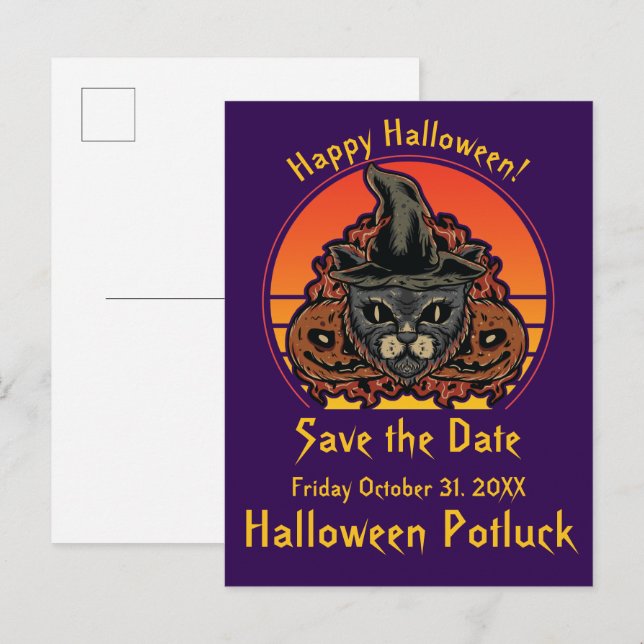 Postal De Anuncios Gato de Halloween en sombrero de bruja Abra Cadabr (Anverso / Reverso)