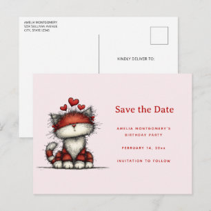 Postal De Anuncios Gato lindo con Corazones de Amor Rojos