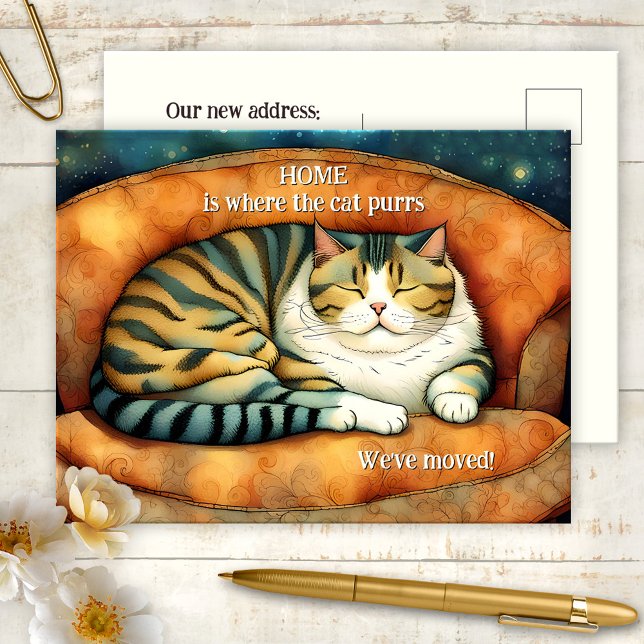 Postal De Anuncios Gato Lindo Mudándose Nueva Dirección (New address postcard featuring an illustration of a cute kitty dreaming on the couch)