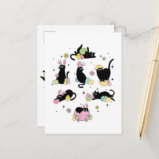 Postal De Anuncios Gato negro con huevos de conejo (Anverso/Reverso In Situ)