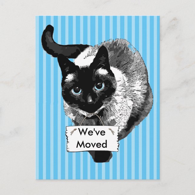 Postal De Anuncios Gato siamés de ojos azules sosteniendo "Nos mudamo (Anverso)