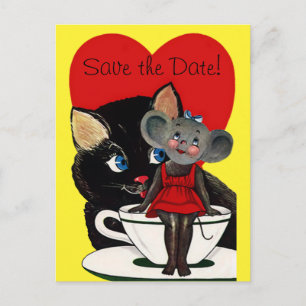 Postal De Anuncios Gato Vintage Ratón Corazón Rojo, Boda Salva la Fec