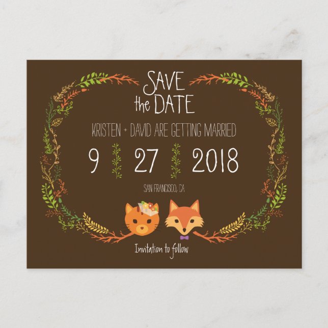 Postal De Anuncios Gato y zorro del bosque caprichoso boda Save the D (Anverso)