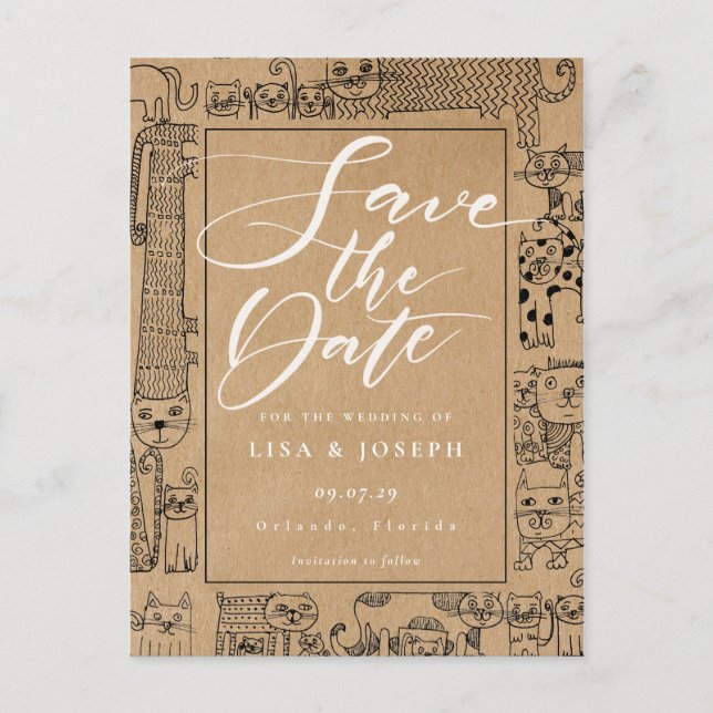 Postal De Anuncios Gatos Rustic Kraft Script Salva la Fecha (Anverso)