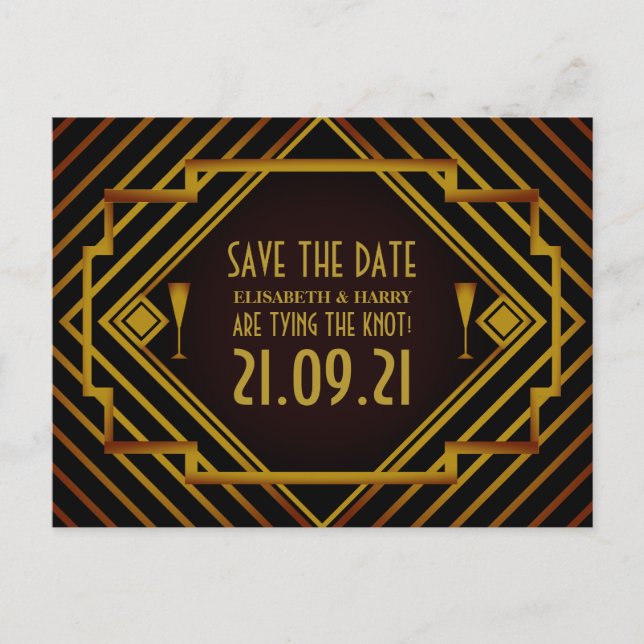 Postal De Anuncios Gatsby Gold Aviso de Boda 2020 (Anverso)