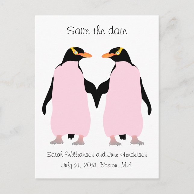 Postal De Anuncios Gay Salven la fecha, pingüinos rosados (Anverso)