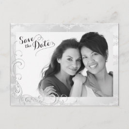 Postal De Anuncios Gay Silver Damask Wedding Photo Save the Date