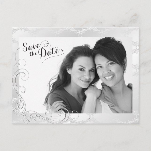 Postal De Anuncios Gay Silver Damask Wedding Photo Save the Date (Anverso)