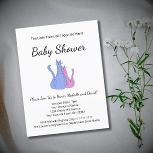 Postal De Anuncios Gemelos de gato azul rosa elegante Baby Shower
