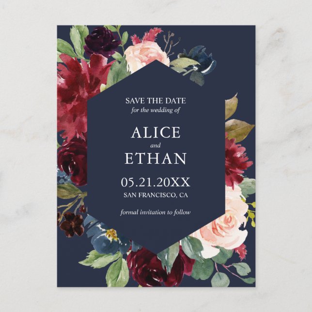 Postal De Anuncios Geometric Burgundy y azul marino Save The Date (Anverso)