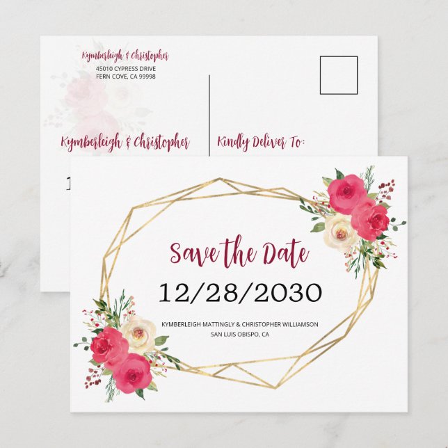 Postal De Anuncios Geométrico Floral Borgoña Boda Save the Date (Anverso / Reverso)