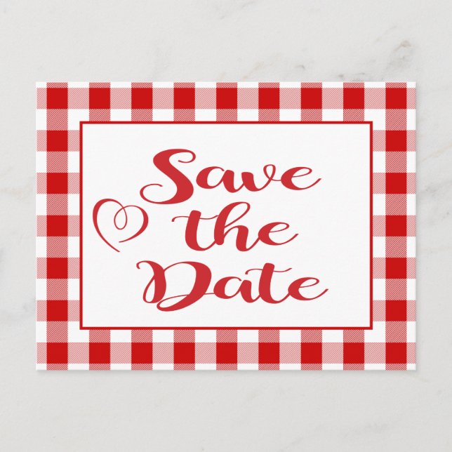 Postal De Anuncios Gingham Ahorra la Fecha Boda Rojo Blanco Cuadros (Anverso)