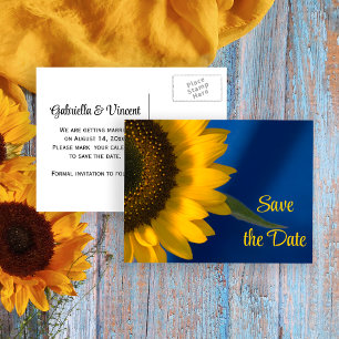 Postal De Anuncios Girasol amarillo en la boda azul salva la fecha