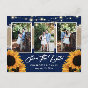 Postal De Anuncios Girasol azul marino 3 Foto Boda Guardar la fecha