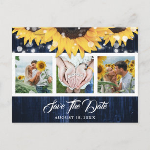 Postal De Anuncios Girasol Azul Marino Foto Boda Guardar la Fecha