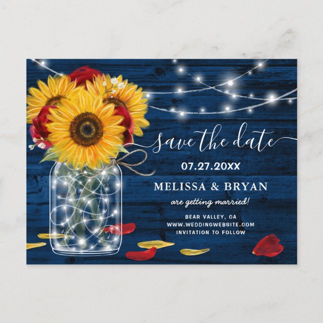 Postal De Anuncios Girasol Azul Marino Rosa Rojo Rústico Salva la Fec (Anverso)