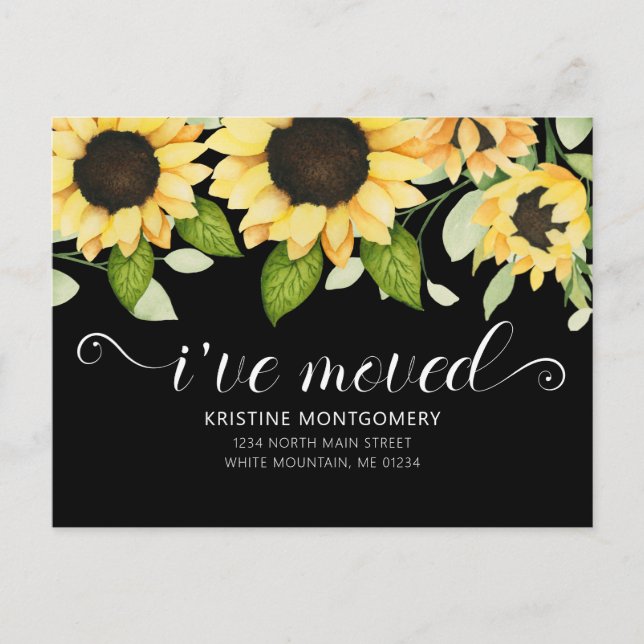 Postal De Anuncios Girasol Chic Aquarela Floral Negro Me He Mudado (Anverso)