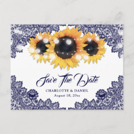 Postal De Anuncios Girasol de encaje azul marino boda salvar la fecha