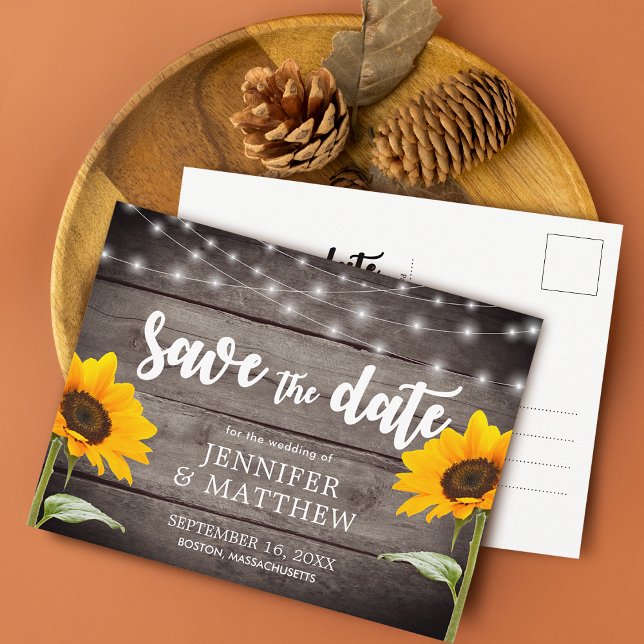 Postal De Anuncios Girasol De Madera De Campo Luz Boda Save The Date (Country Sunflower Wood Light Wedding Save The Date Announcement Postcard)
