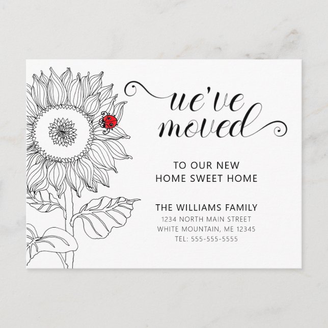Postal De Anuncios Girasol Floral con Mariquita en Movimiento (Anverso)