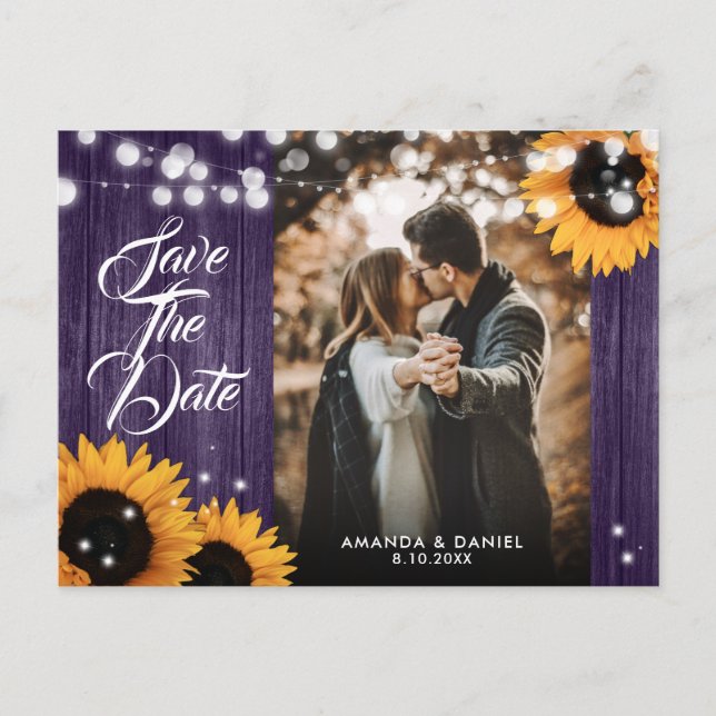 Postal De Anuncios Girasol Madera Púrpura Boda Foto Save The Date (Anverso)