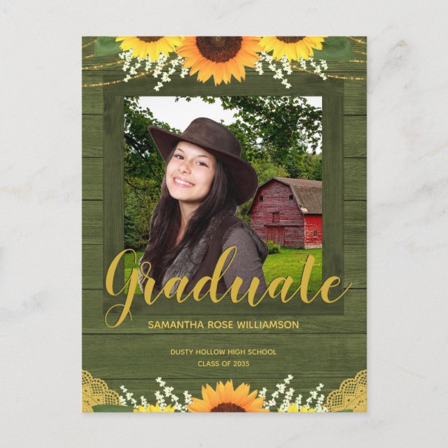 Postal De Anuncios Girasol Rústico Verde y Dorado Foto Graduación (Anverso)