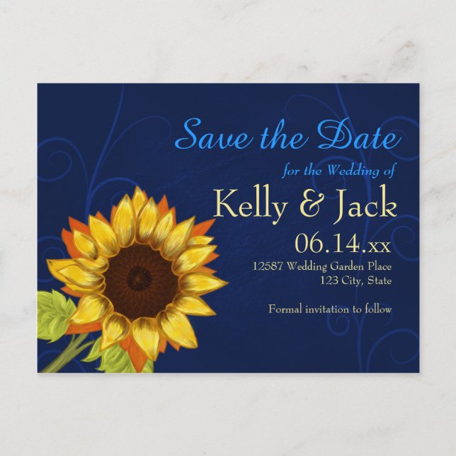 Postal De Anuncios Girasol/Save the Date Blue boda (Anverso)