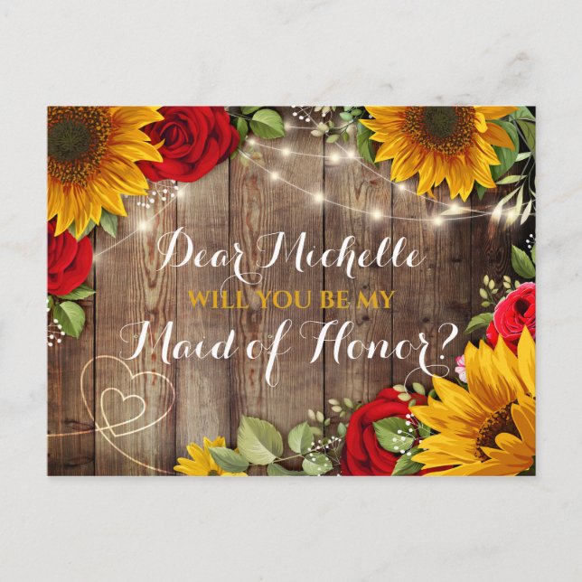 Postal De Anuncios Girasol y Rosas serás mi empleada de honor (Anverso)