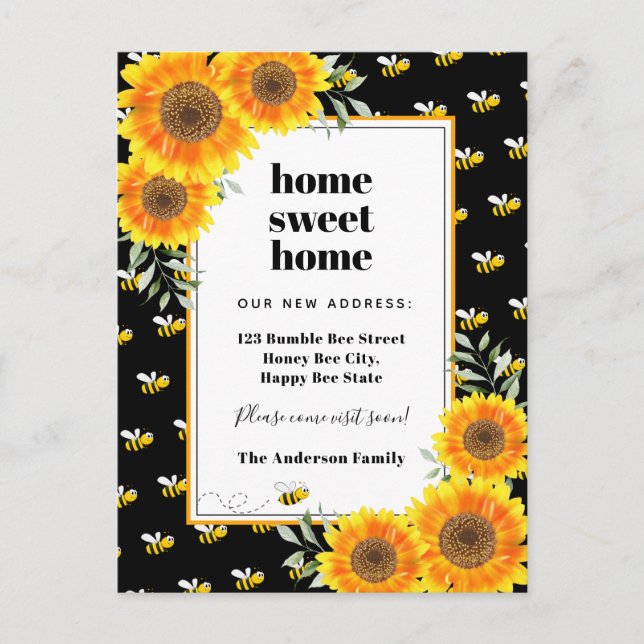 Postal De Anuncios Girasoles abejas felices mudándose a un nuevo hoga (Anverso)