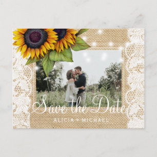 Postal De Anuncios Girasoles arpillera rústica encaje fecha de boda g