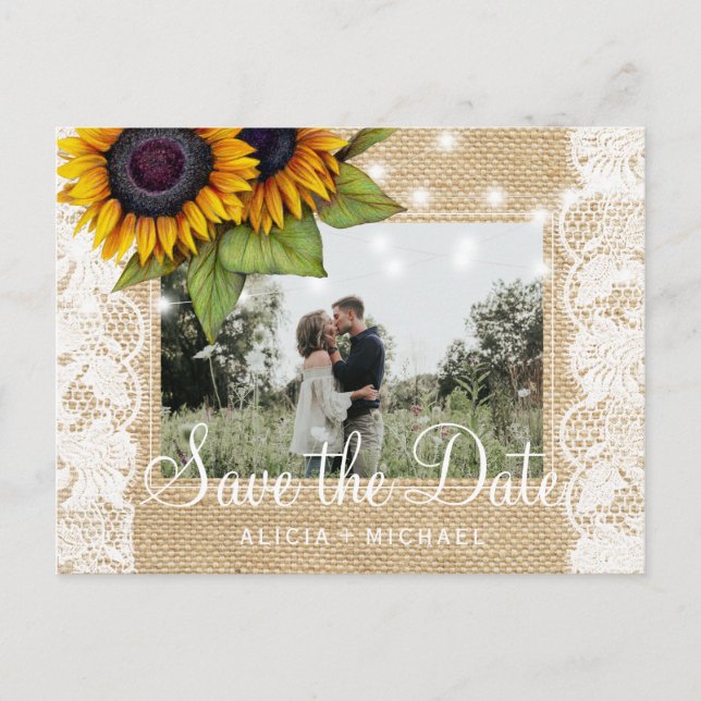 Postal De Anuncios Girasoles arpillera rústica encaje fecha de boda g (Anverso)