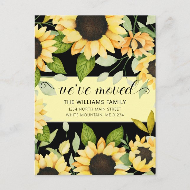 Postal De Anuncios Girasoles Elegantes Acuarela Floral Negro Mudanza (Anverso)