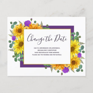 Postal De Anuncios Girasoles Rosas Púrpura de Boda Cambio de Fecha