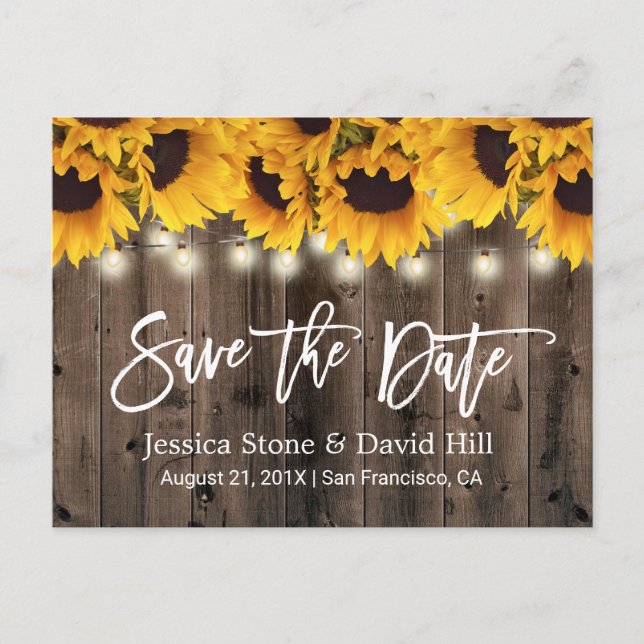 Postal De Anuncios Girasoles Rústicos Boda Campestre Ahorra la Fecha (Anverso)
