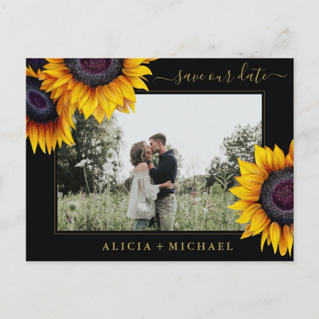 Postal De Anuncios Girasoles rústicos chic letra guardar fecha boda (Anverso)